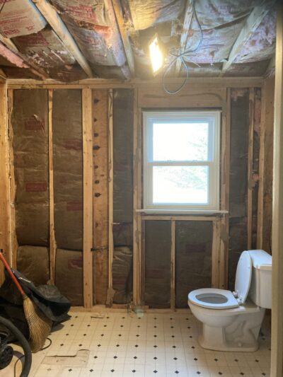 Small bathroom with walls and ceiling ripped out. Only toilet left standing.